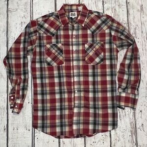 Vintage Western Pearl Snap Ely Cattleman Rockabilly Plaid Button Down Shirt